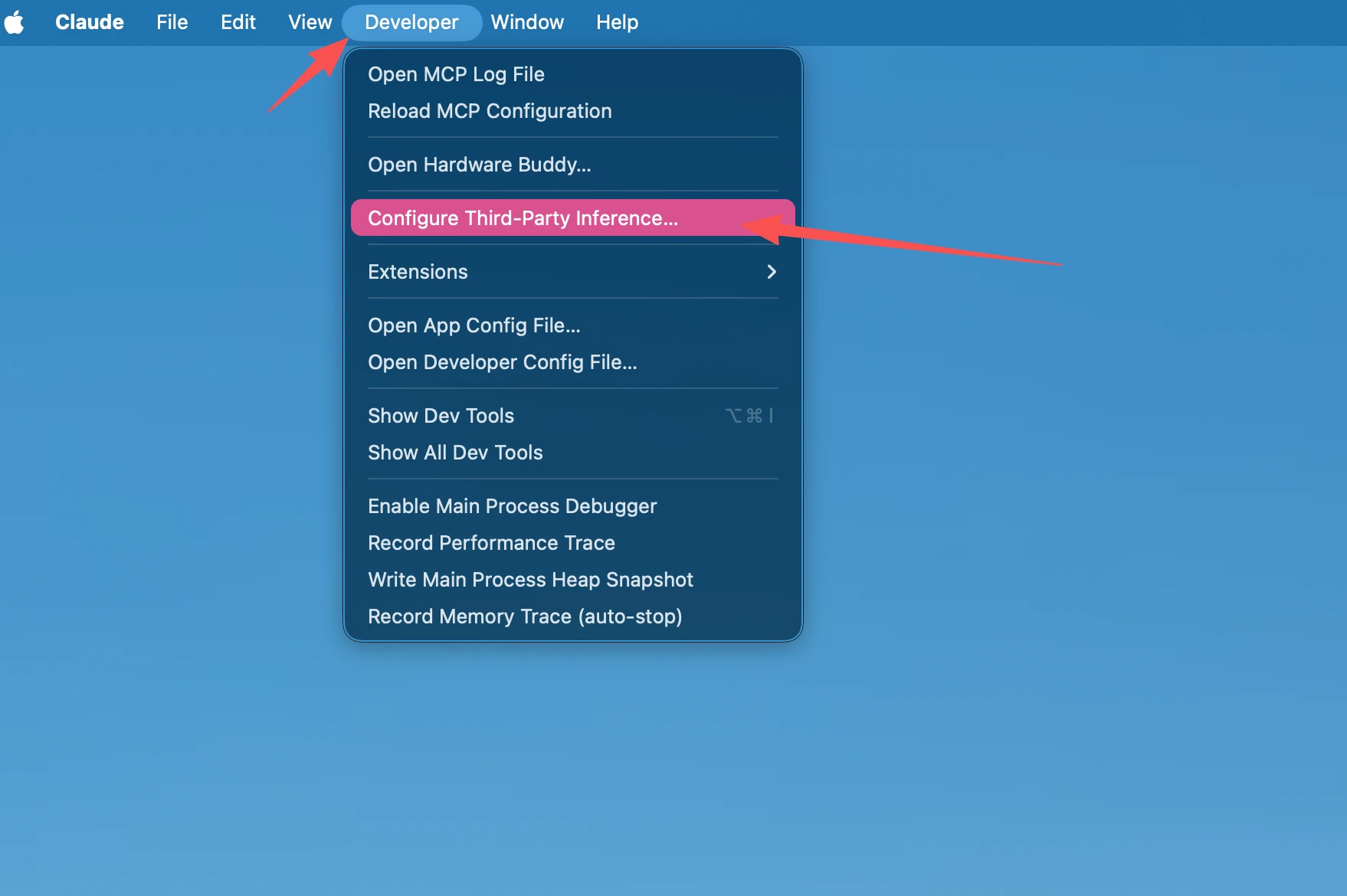 Claude Desktop 顶部的 Developer 菜单